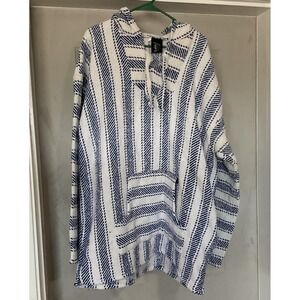Baja Billy's Hoodie Mens 2XL XXL White Blue Striped Pullover Baja Hippie Beach